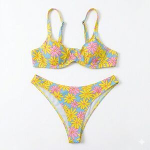 Womans 2 Piece Bikini Set Size Large Yellow Pink Blue Floral